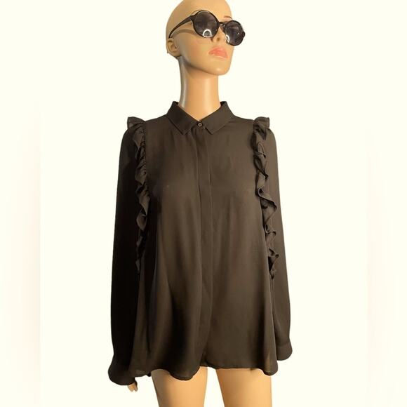 Leith black long sleeve lightweight button down ruffle blouse size medium - Picture 1 of 13